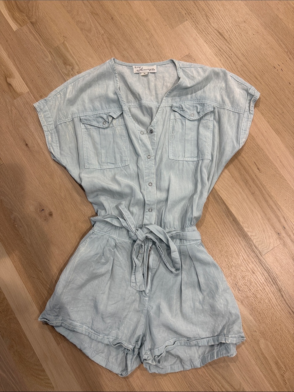 Vintage Havana Pale Blue Button-Front Tie Waist Romper